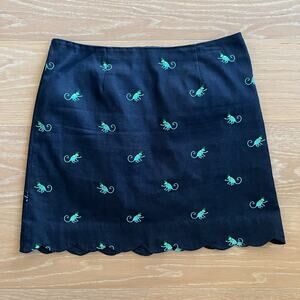 Lilly Pulitzer White Label Scalloped Hem Embroidered Monkey Skirt Navy Blue Sz 8